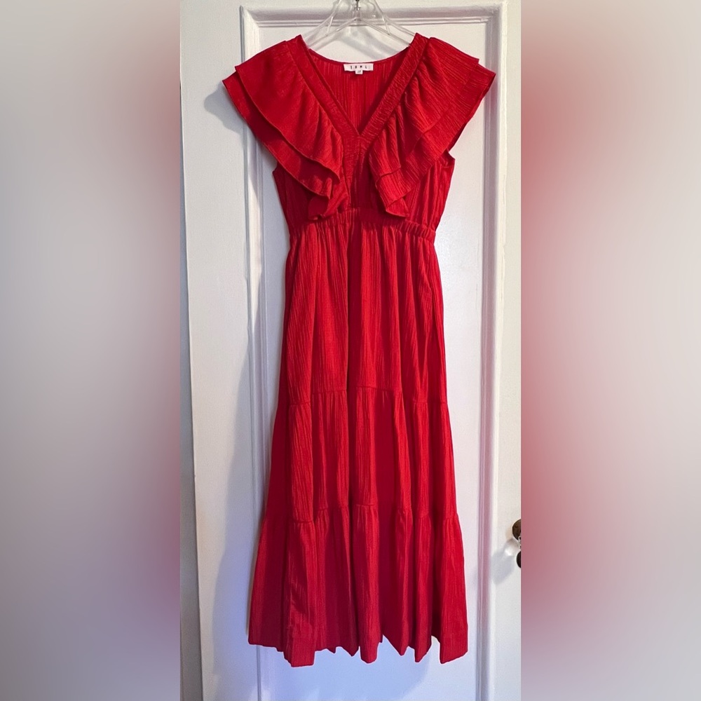 Red Ruffled Rayon Midi Dress Size XS